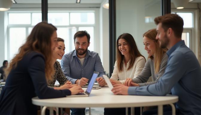 NexTime team collaborating in modern office.