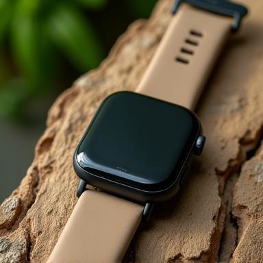 Biodegradable smartwatch strap on natural surface.