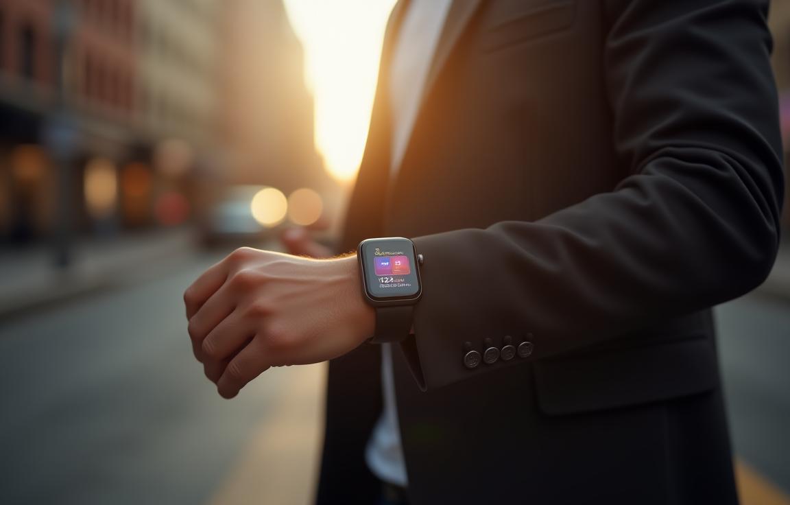 Person wearing NexTime Smartwatch in urban lifestyle environment.